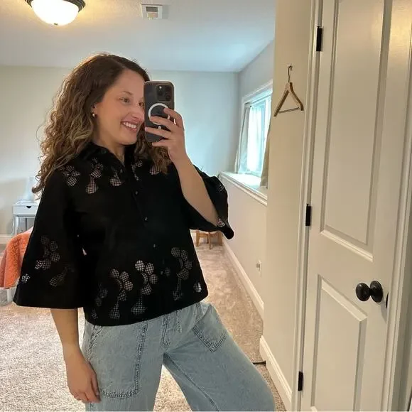 NWT Tuckernuck Ranna Gill Black Oversized Floral Faux Leather Top XS - Picture 6 of 15